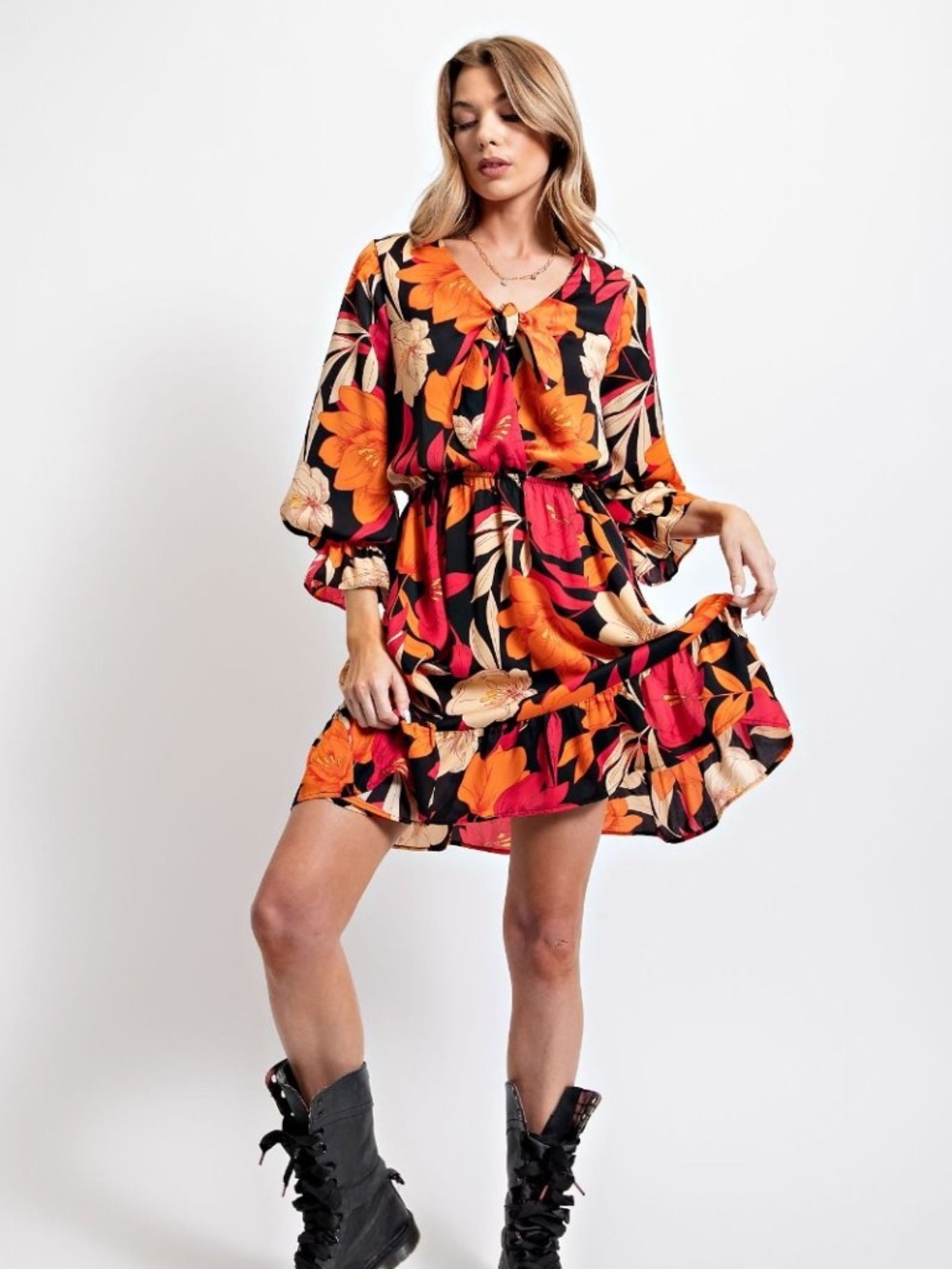 Easel Floral Mini Dress NWT Tie Neck Smocked Waist Long Sleeve